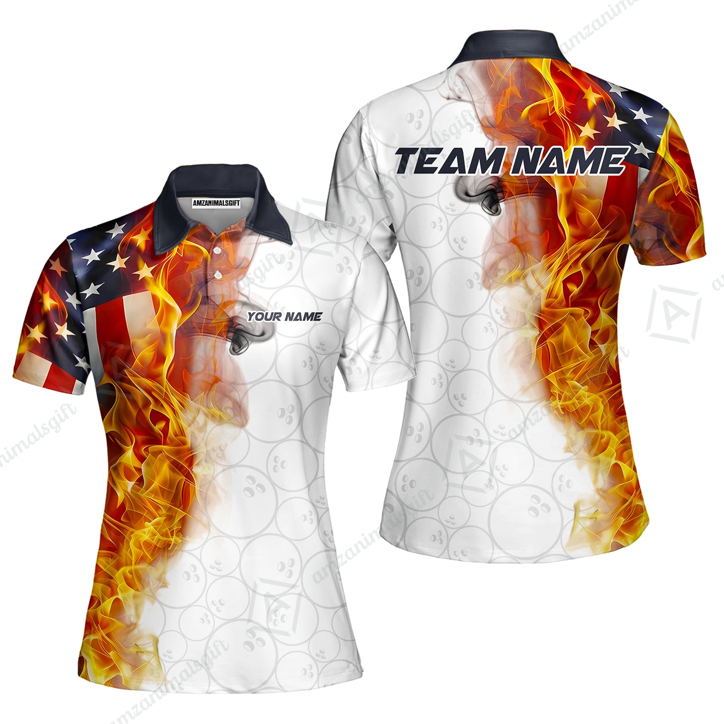 Custom Bowling Jersey Polo Shirt, Flaming USA Flag Graphic Bowling, Custom Bowling Jersey Team Shirt For Players With Name & Team Name