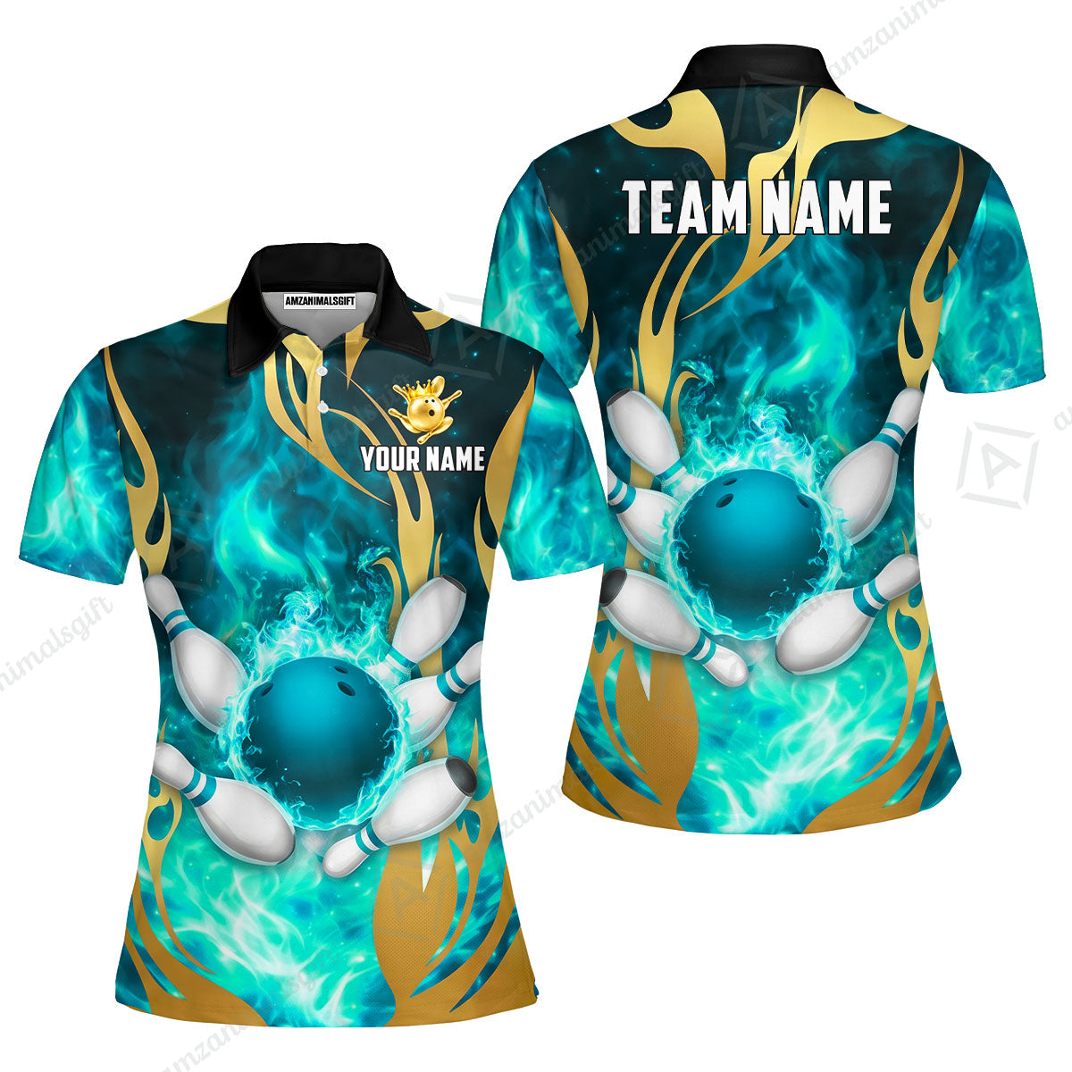 Custom Bowling Jersey Polo Shirt, Abyssal Fire & Golden Flames, Custom Bowling Jersey Team Shirt For Players With Name & Team Name