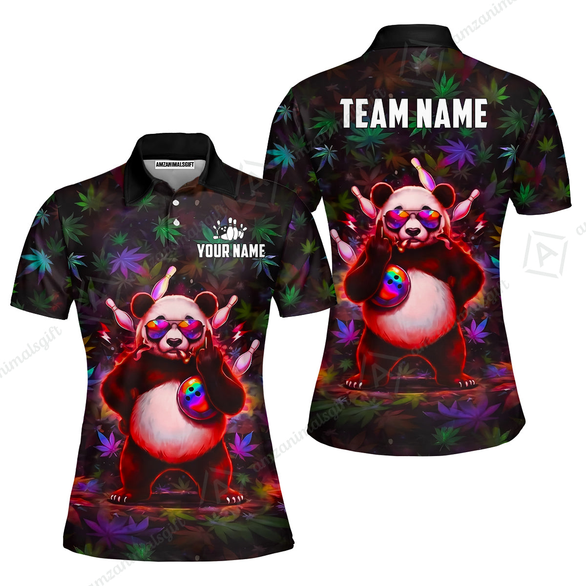 Custom Bowling Jersey Polo Shirt, Badass Stoner Panda & Psychedelic Leaves, Custom Bowling Jersey Team Shirt For Players With Name & Team Name