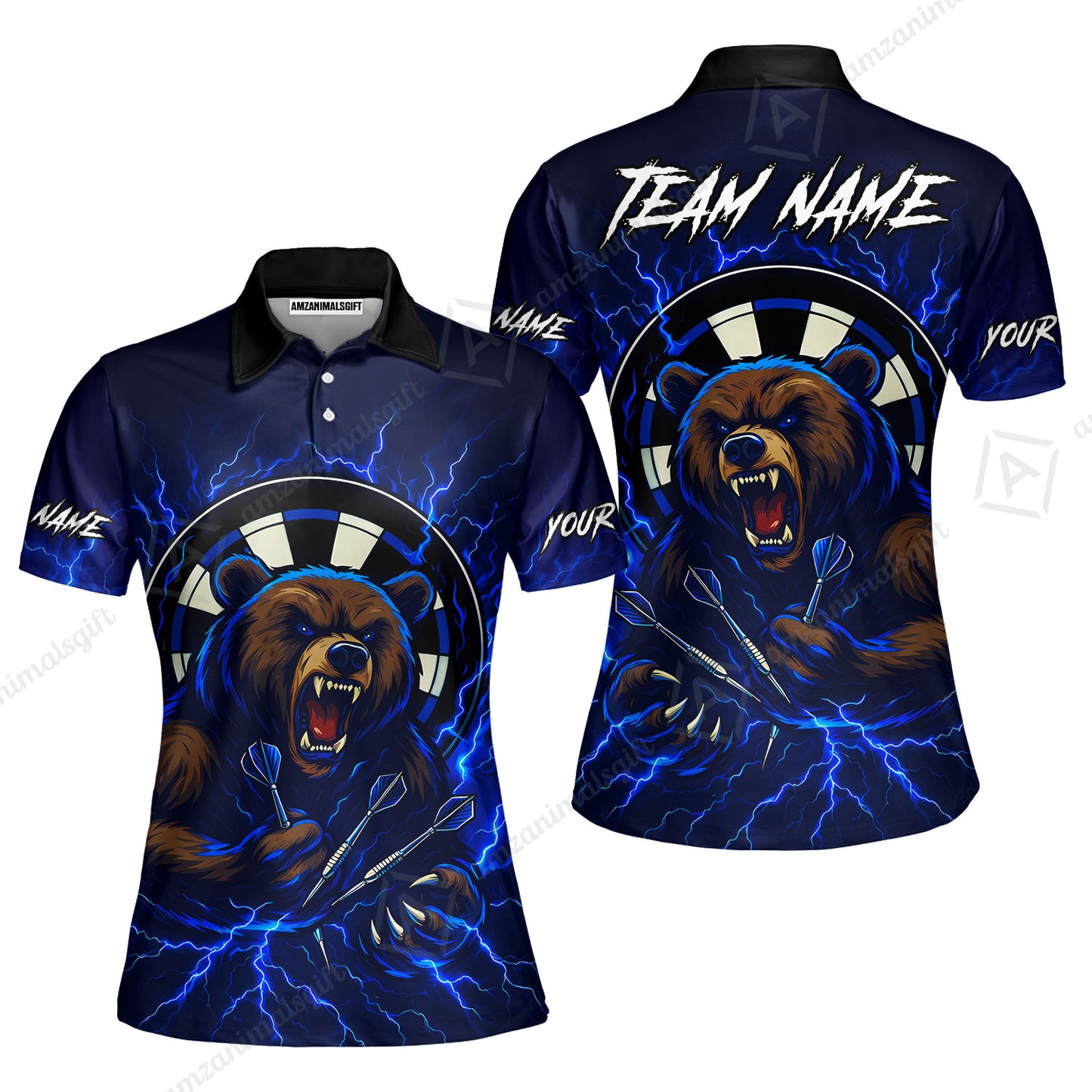 Custom Darts Team Long Sleeve Polo Shirt, Personalized Bear Thunder Lightning Darts Shirt with Name & Team Name