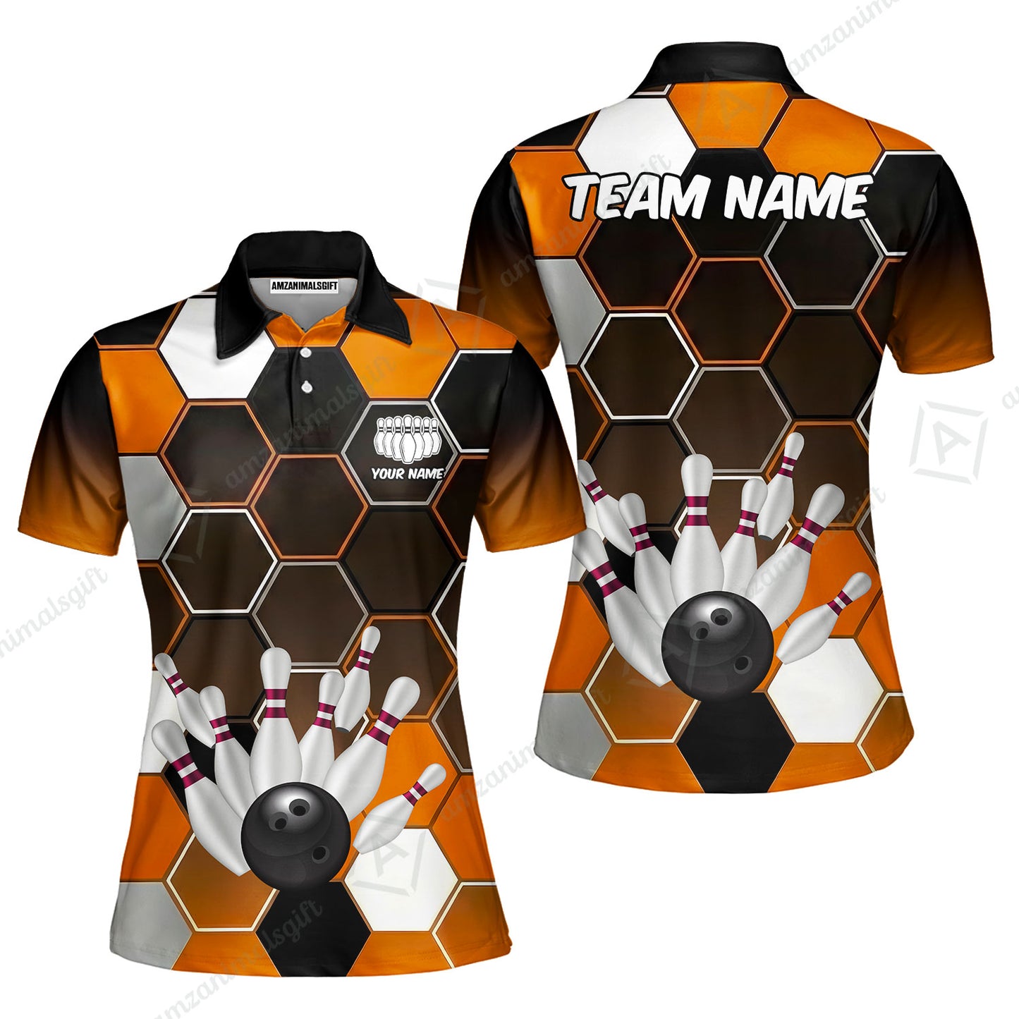 Customized Bowling Unisex Polo Shirt, Hexagon Pattern Bowling, Bowling Uniform - Personalized Name Team Name For Bowlers