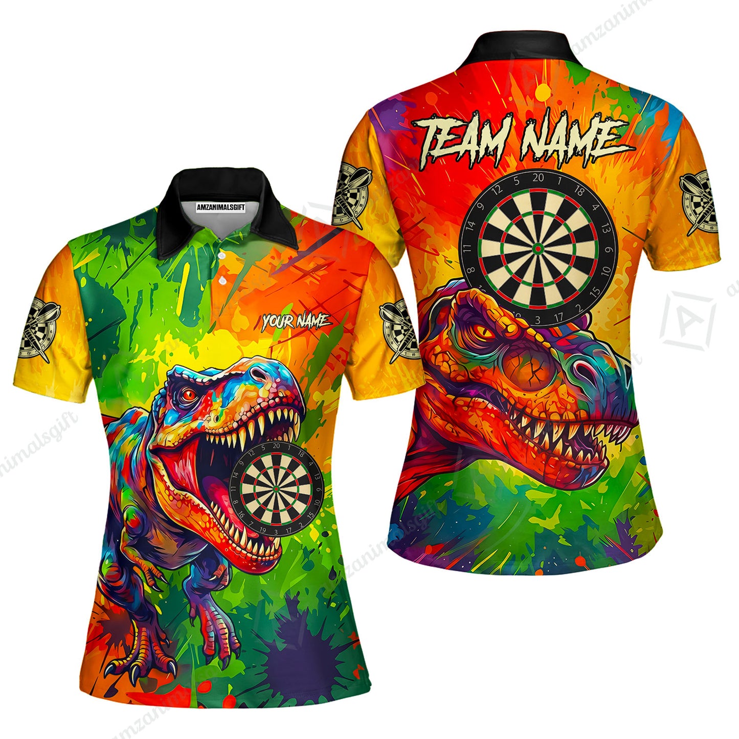 Custom Darts Jersey Polo Shirt, Colorful Splatter T-Rex Dino, Custom Dart Jersey Team Shirt For Players With Name & Team Name