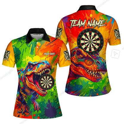 Custom Darts Jersey Polo Shirt, Colorful Splatter T-Rex Dino, Custom Dart Jersey Team Shirt For Players With Name & Team Name