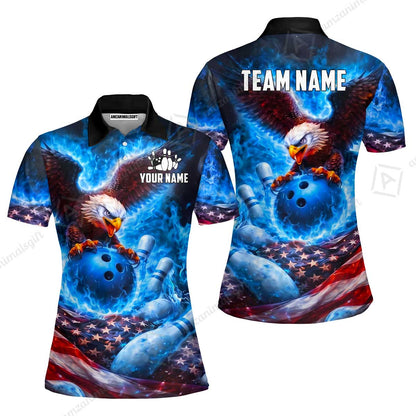 Custom Bowling Jersey Polo Shirt, Patriotic Blue Fire Eagle, Custom Bowling Jersey Team Shirt For Players With Name and Team Name