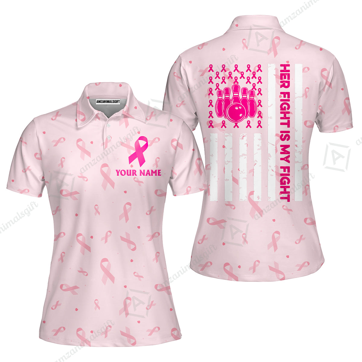 Custom Bowling Jersey Polo Shirt, Her Fight Is My Fight, Personalized Name And Team Name