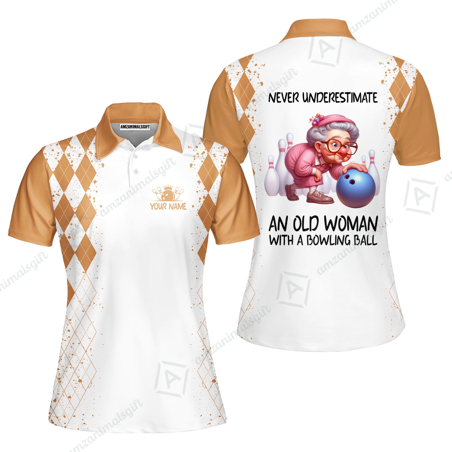 Custom Bowling Jersey Polo Shirt, Never Underestimate An Old Woman With A Bowling Ball, Personalized Name & Team Name