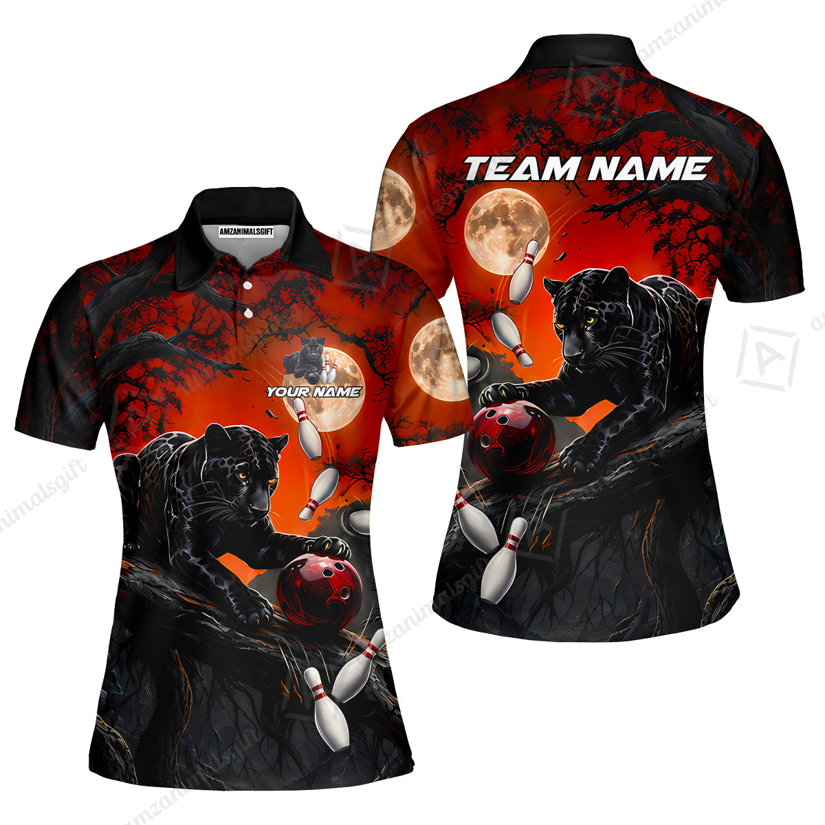 Customized Bowling Shirt, Midnight Panther, Personalized Polo Shirt For Players With Name & Team Name