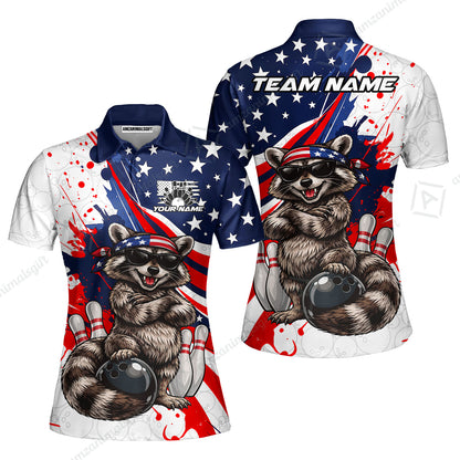 Custom Bowling Jersey Polo Shirt, Patriotic Cool Raccoon Mascot, Custom Bowling Jersey Team Shirt For Players With Name and Team Name