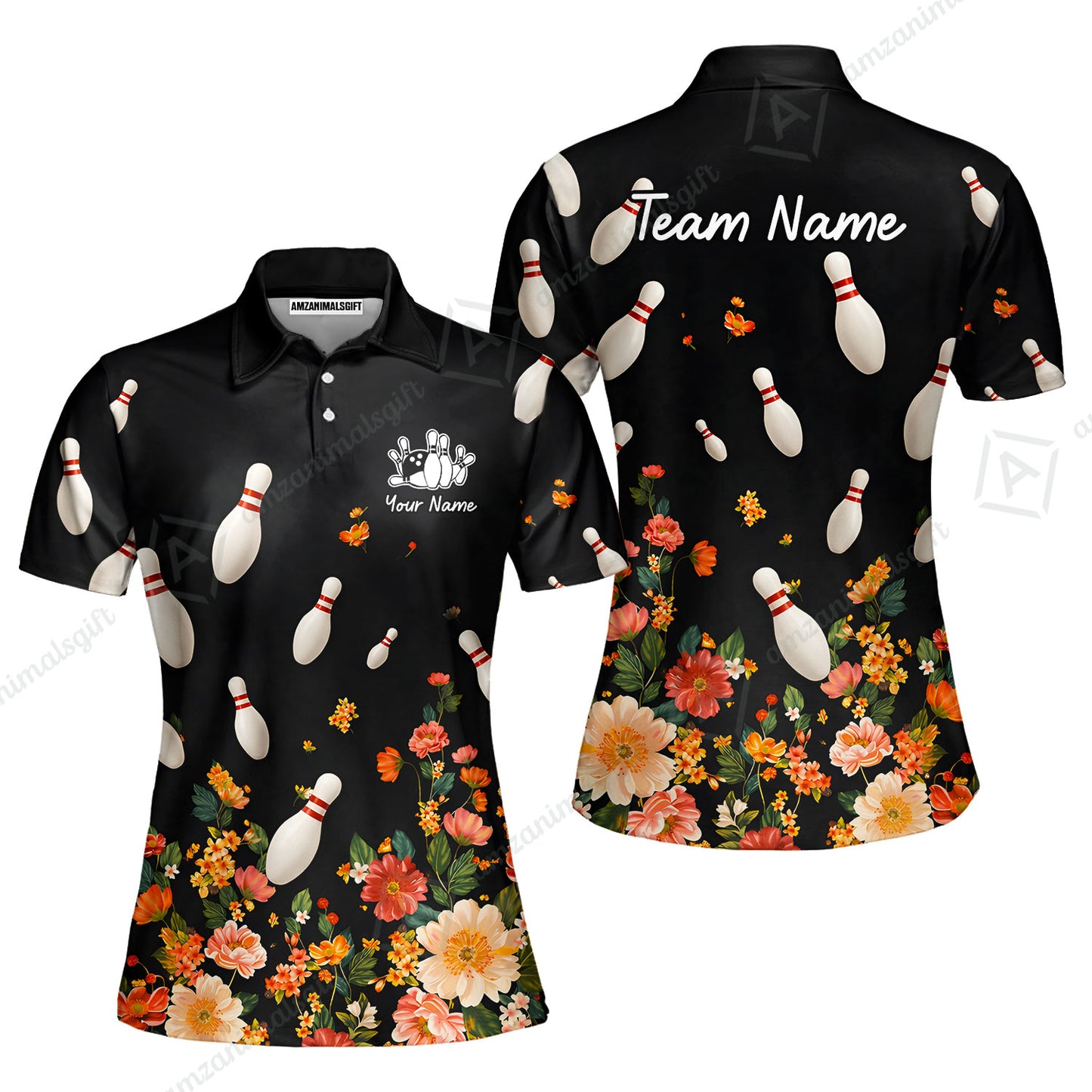 Custom Bowling Quarter Zip Polo Shirt, Floral Bowling, Custom Bowling Quarter Zip Polo Team Shirt For Players With Name & Team Name