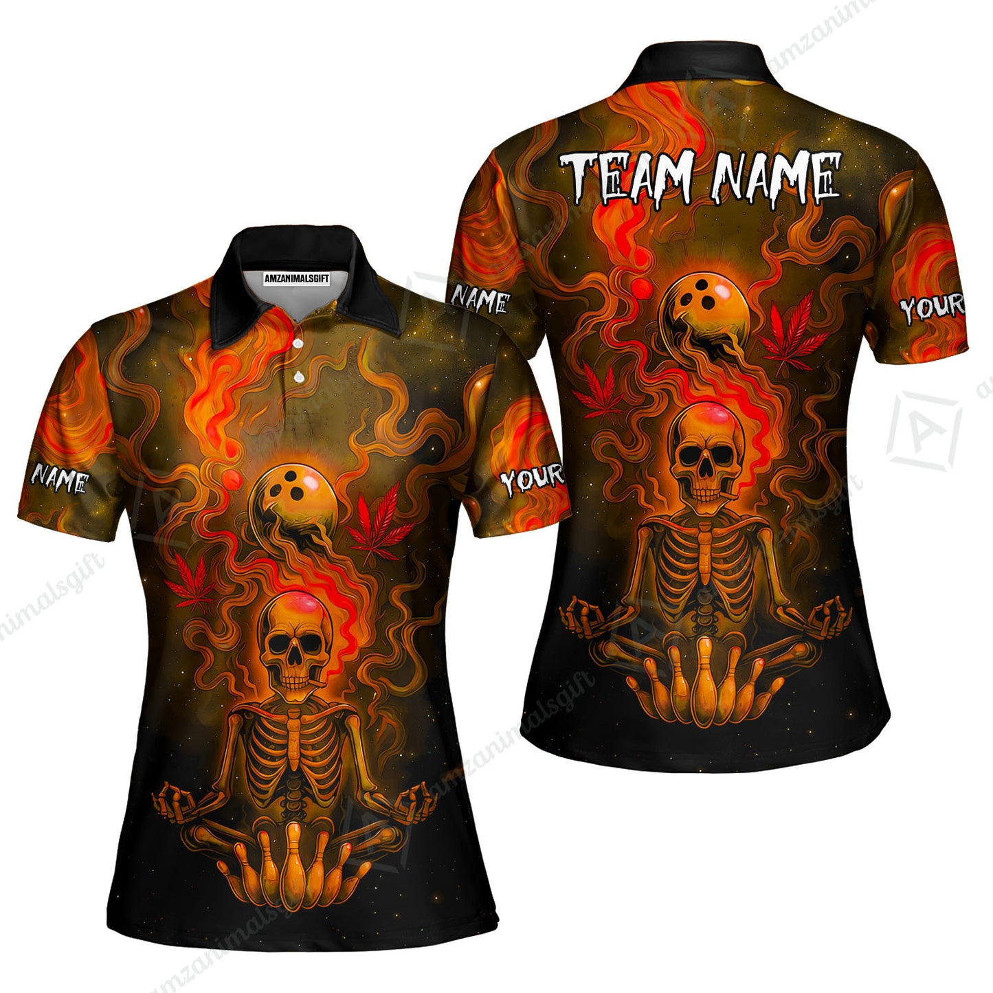 Custom Bowling Team Unisex Polo Shirt, Neon Skull CNB Bowling Custom Shirt Featuring Personalized Name and Team Name