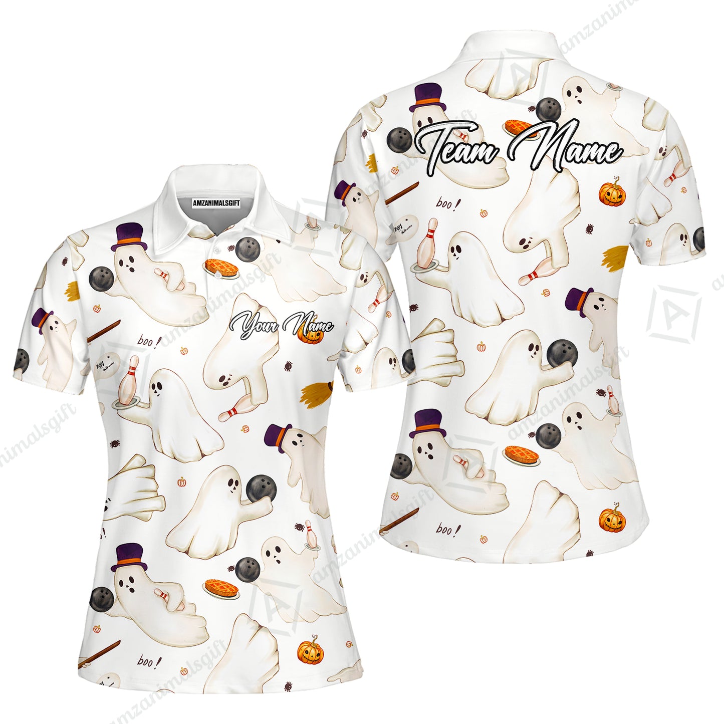 Custom Bowling Jersey Polo Shirt, Reds Seamless Pattern Cute Ghost, Personalize Name and Team Name