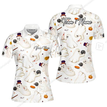 Custom Bowling Jersey Polo Shirt, Reds Seamless Pattern Cute Ghost, Personalize Name and Team Name