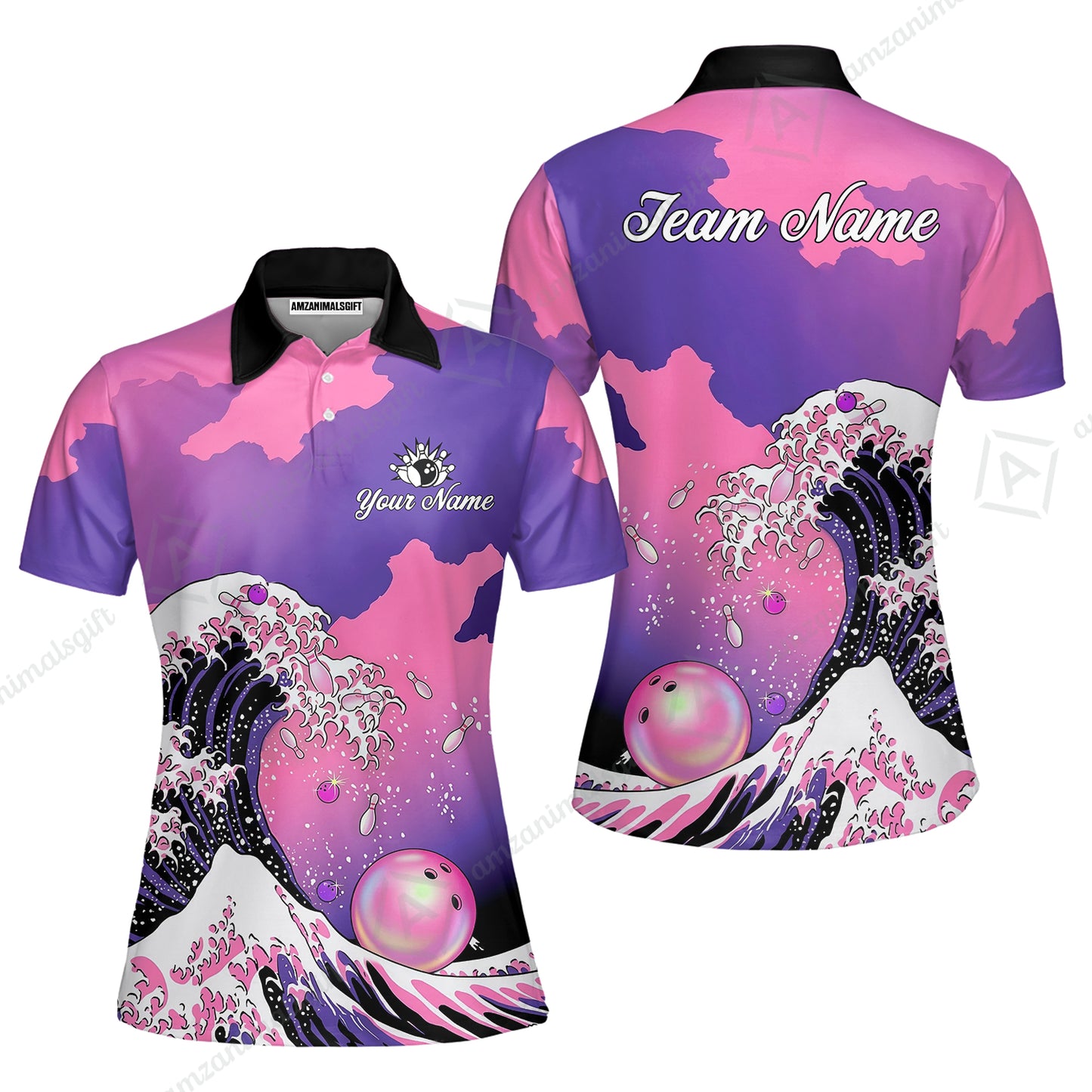 Custom Bowling Polo Shirt, Ocean Wave Bowling, Custom Bowling Polo Team Shirt For Players With Name & Team Name
