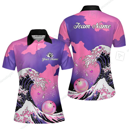Custom Bowling Polo Shirt, Ocean Wave Bowling, Custom Bowling Polo Team Shirt For Players With Name & Team Name