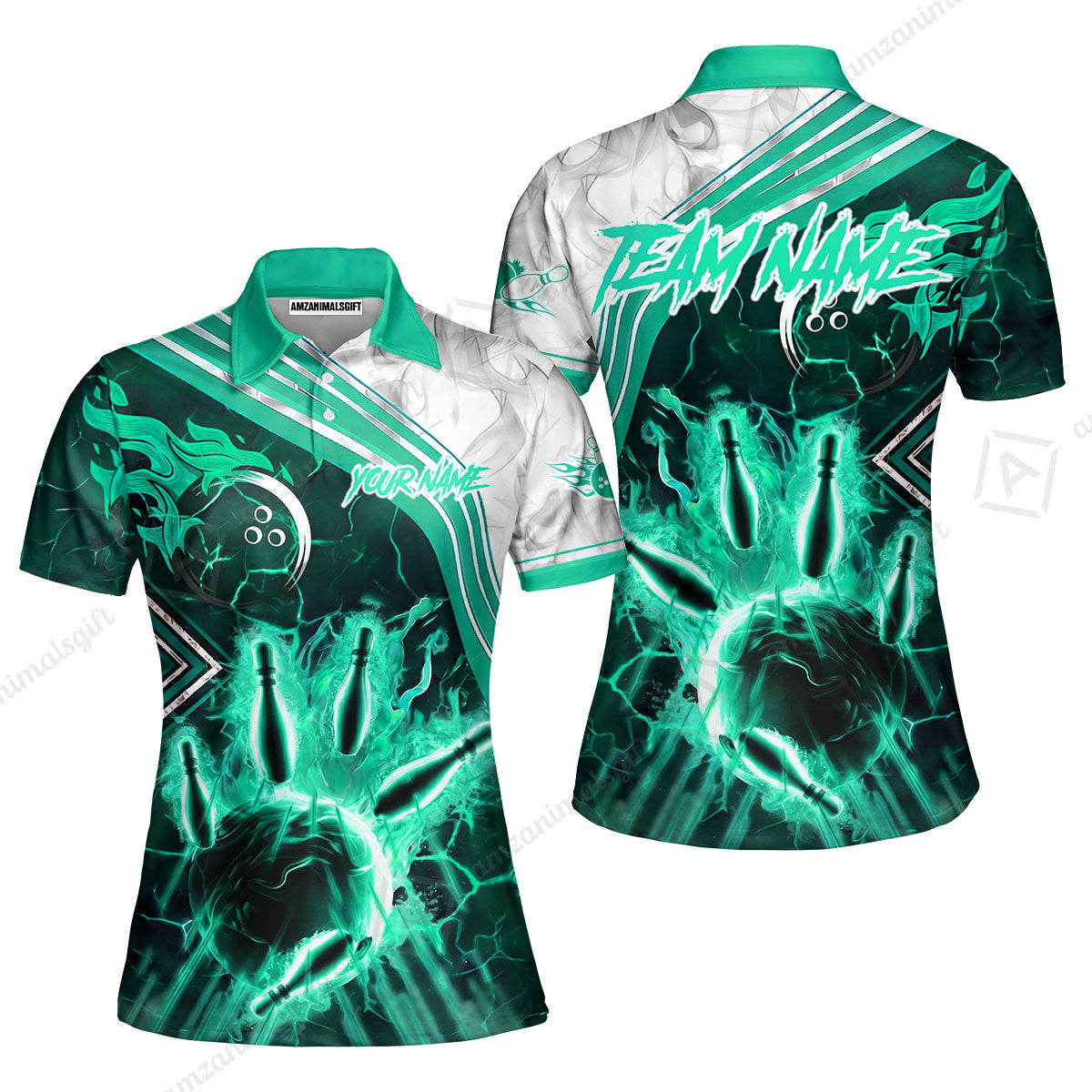 Customized Bowling Unisex Polo Shirt, Fire & Smoke Bowling Pins, Bowling Uniform - Personalized Name And Team Name