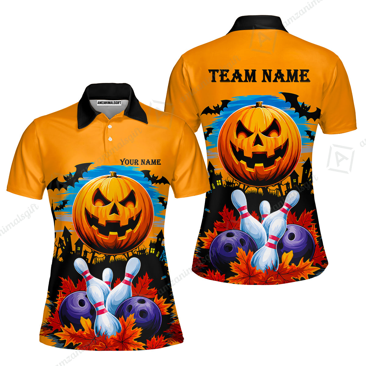 Custom Bowling Jersey Polo Shirt, Halloween Pumpkin Bowling, Personalize Name and Team Name