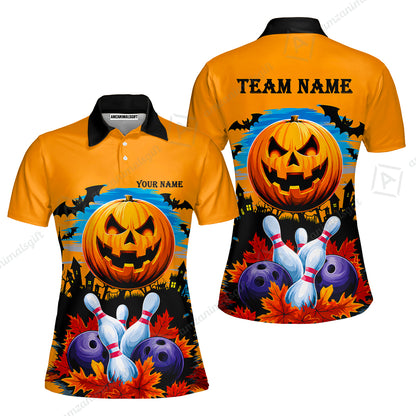 Custom Bowling Jersey Polo Shirt, Halloween Pumpkin Bowling, Personalize Name and Team Name