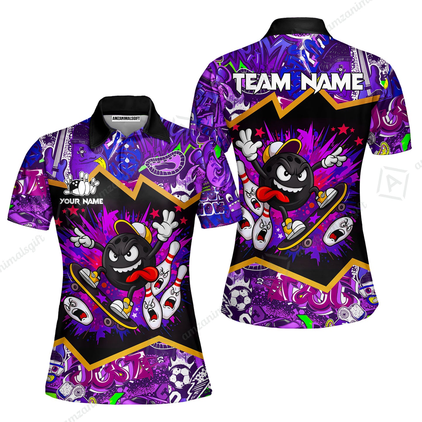 Customized Bowling Unisex Polo Shirt, Skater Bowling Ball Attack, Bowling Uniform, Personalized Name And Team Name