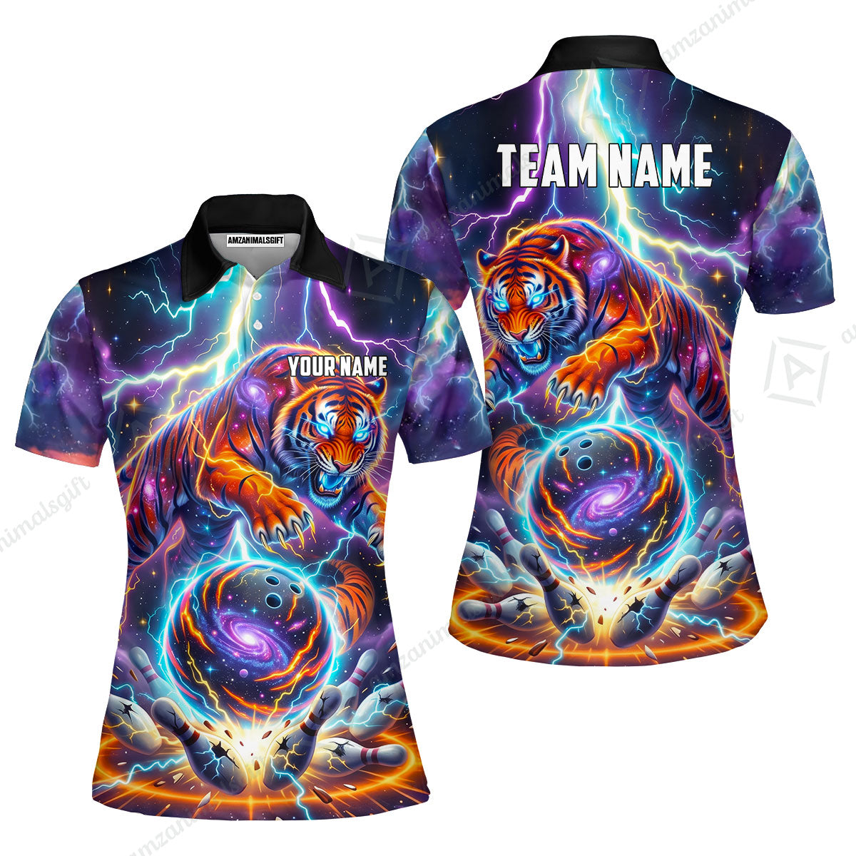 Custom Bowling Jersey Polo Shirt, Galactic Tiger Electric Strike, Custom Bowling Jersey Team Shirt For Players With Name and Team Name
