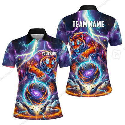 Custom Bowling Jersey Polo Shirt, Galactic Tiger Electric Strike, Custom Bowling Jersey Team Shirt For Players With Name and Team Name