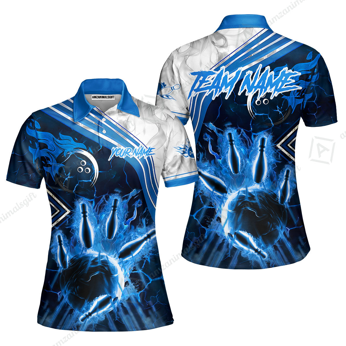 Customized Bowling Unisex Polo Shirt, Fire & Smoke Bowling Pins, Bowling Uniform - Personalized Name And Team Name