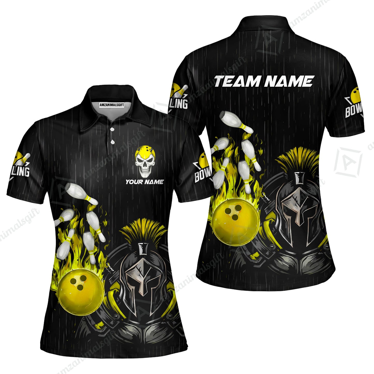 Custom Bowling Jersey Polo Shirt, Fire Bowling Knight Rain Skull Logo, Personalize Name & Team Name