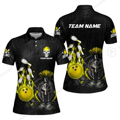 Custom Bowling Jersey Polo Shirt, Fire Bowling Knight Rain Skull Logo, Personalize Name & Team Name