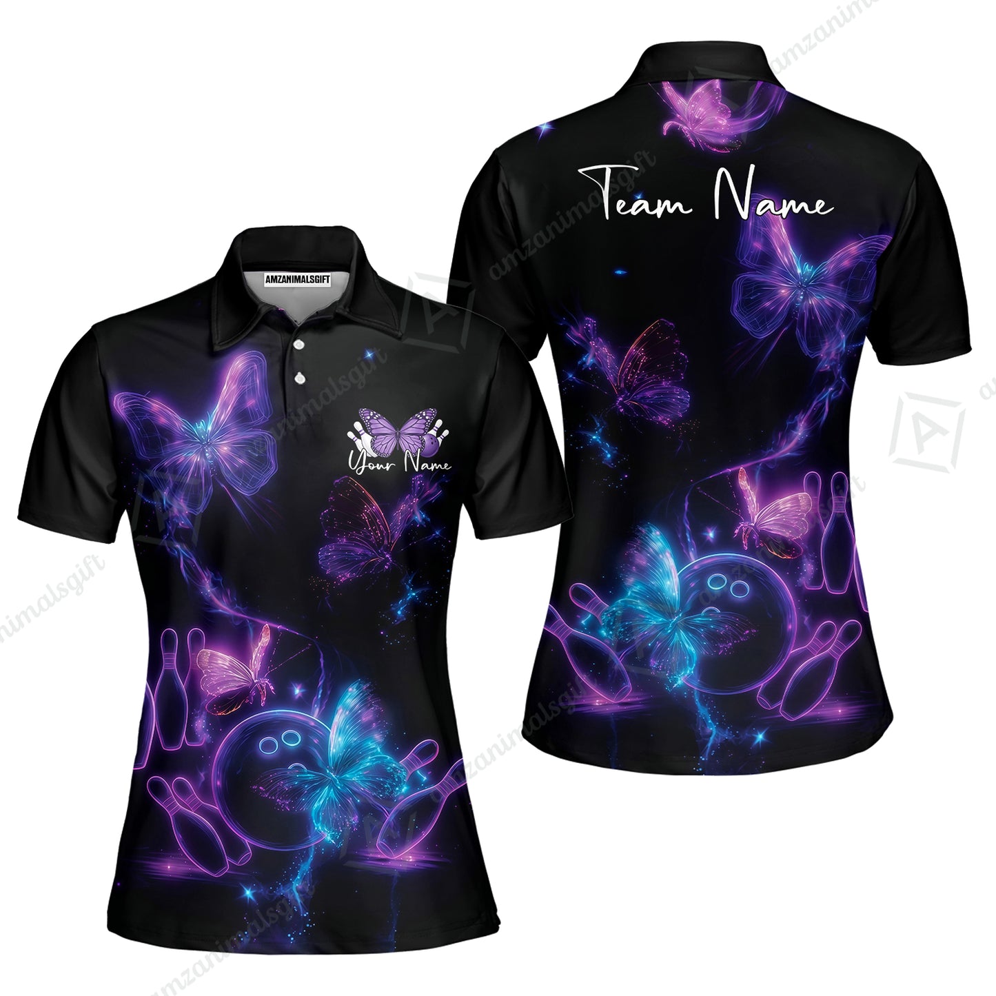 Custom Bowling Jersey Polo Shirt, Bowling Butterfly Universe, Custom Bowling Jersey Team Shirt For Players With Name and Team Name
