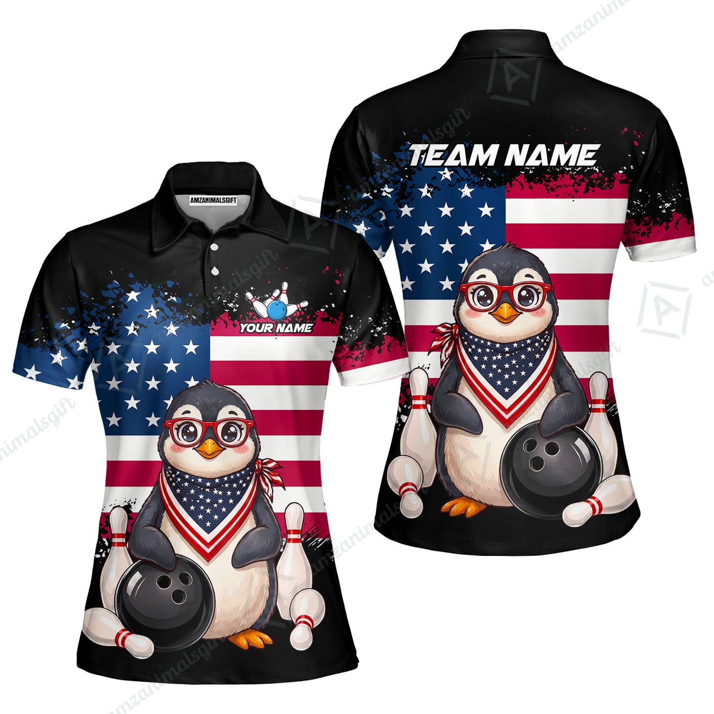 Custom Bowling Jersey Polo Shirt, Animal With Glasses And Bandana America Flag, Personalize Name & Team Name