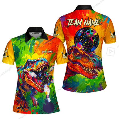 Custom Bowling Jersey Polo Shirt, Colorful Splatter T-Rex Dino, Custom Bowling Jersey Team Shirt For Players With Name and Team Name