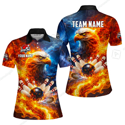 Custom Bald Eagle and Fire Bowling Jersey Polo Shirt, Custom Bald Eagle and Fire Bowling Jersey Team Shirt For Players With Name & Team Name