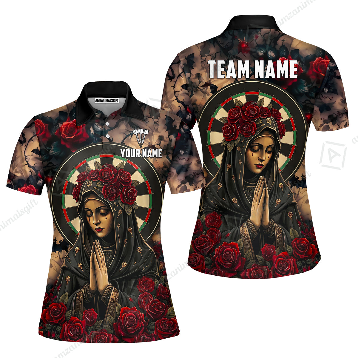 Custom Darts Jersey Polo Shirt, Gothic Madonna And Blue Rose, Custom Dart Jersey Team Shirt For Players With Name & Team Name