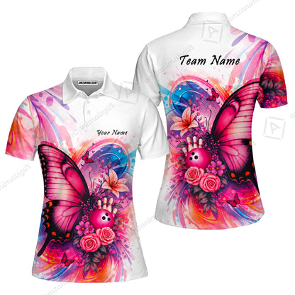Custom Bowling Jersey Polo Shirt, Watercolor Pink Butterfly Bloom, Custom Bowling Jersey Team Shirt For Players With Name and Team Name