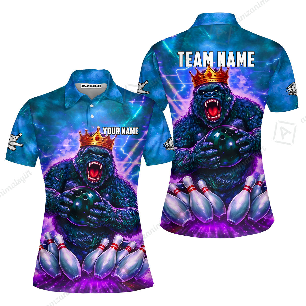 Custom Bowling Jersey Polo Shirt, King Gorilla Holding Bowling Ball, Custom Bowling Jersey Team Shirt For Players With Name & Team Name