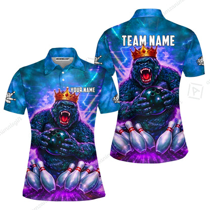 Custom Bowling Jersey Polo Shirt, King Gorilla Holding Bowling Ball, Custom Bowling Jersey Team Shirt For Players With Name & Team Name