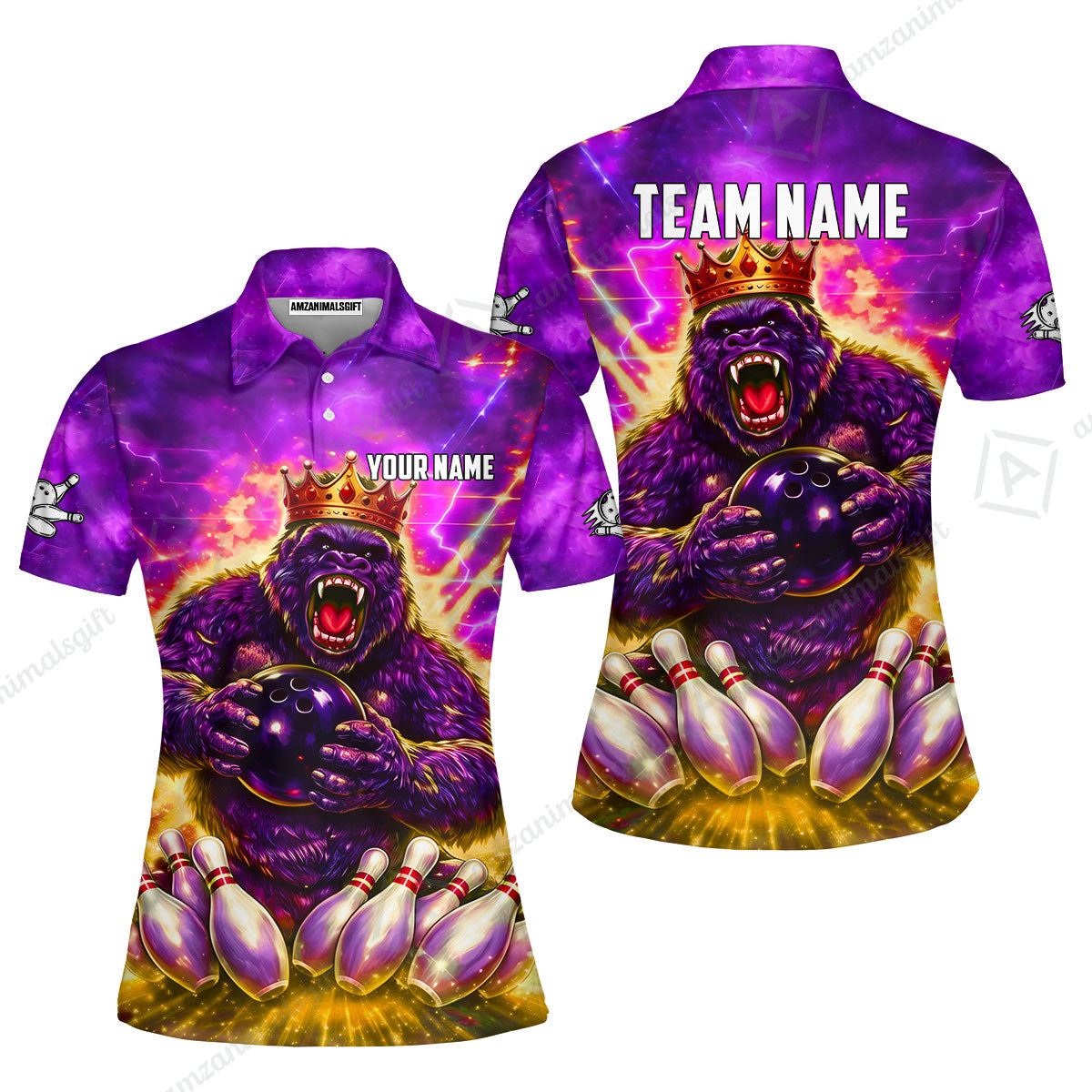 Custom Bowling Jersey Polo Shirt, King Gorilla Holding Bowling Ball, Custom Bowling Jersey Team Shirt For Players With Name & Team Name
