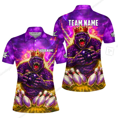 Custom Bowling Jersey Polo Shirt, King Gorilla Holding Bowling Ball, Custom Bowling Jersey Team Shirt For Players With Name & Team Name