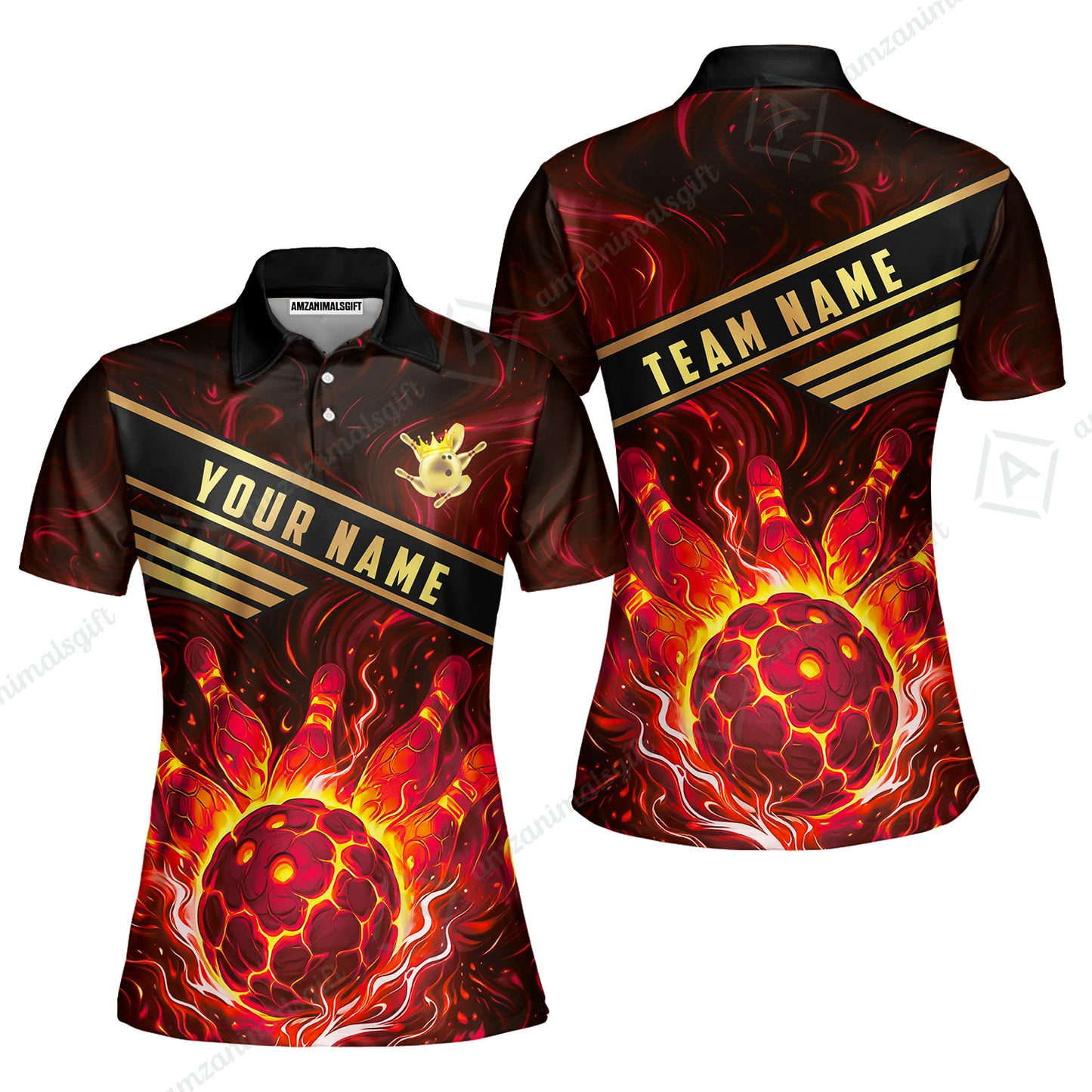 Custom Bowling Polo Shirt, Glowing Bowling Ball and Pins Custom Bowling Polo Team Shirt For Players With Name & Team Name