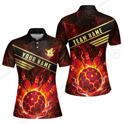 Custom Bowling Polo Shirt, Glowing Bowling Ball and Pins Custom Bowling Polo Team Shirt For Players With Name & Team Name