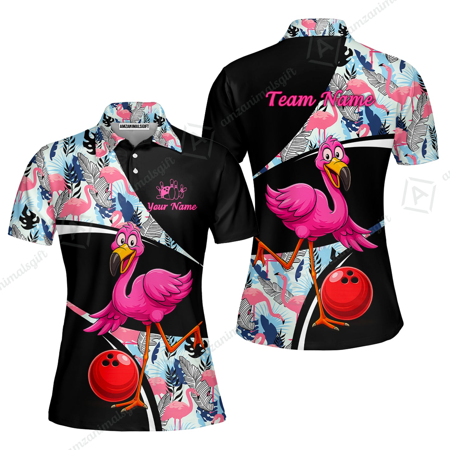 Custom Funny Cartoon Flamingo Bowling Jersey Polo Shirt, Custom Funny Cartoon Flamingo Bowling Jersey Team Shirt For Players With Name & Team Name