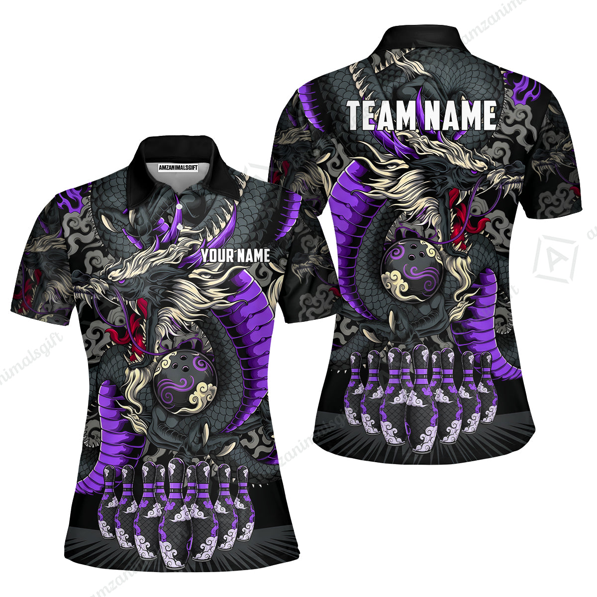 Custom Bowling Jersey Polo Shirt, Oriental Jade Dragon & Classic Clouds, Custom Bowling Jersey Team Shirt For Players With Name & Team Name