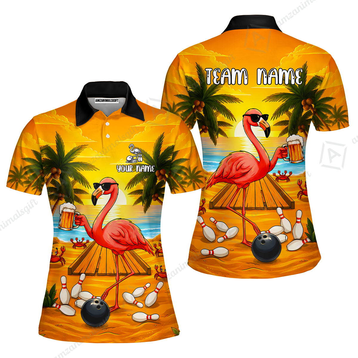 Customized Bowling Shirt, Beer & Flamingo Bowler Summer Vibe, Personalized Polo Shirt For Players With Name & Team Name