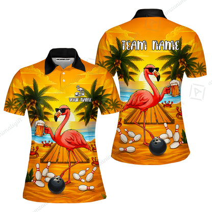 Customized Bowling Shirt, Beer & Flamingo Bowler Summer Vibe, Personalized Polo Shirt For Players With Name & Team Name