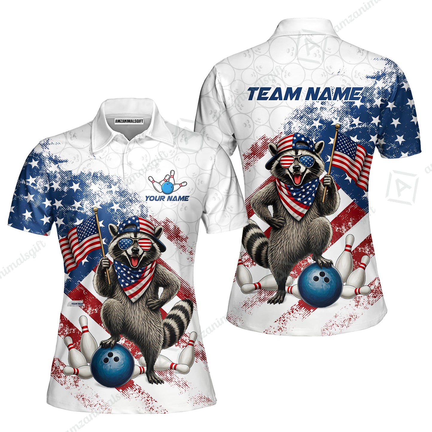 Custom Bowling Jersey Polo Shirt, Racoon America Flag Bowling Pattern, Personalize Name and Team Name