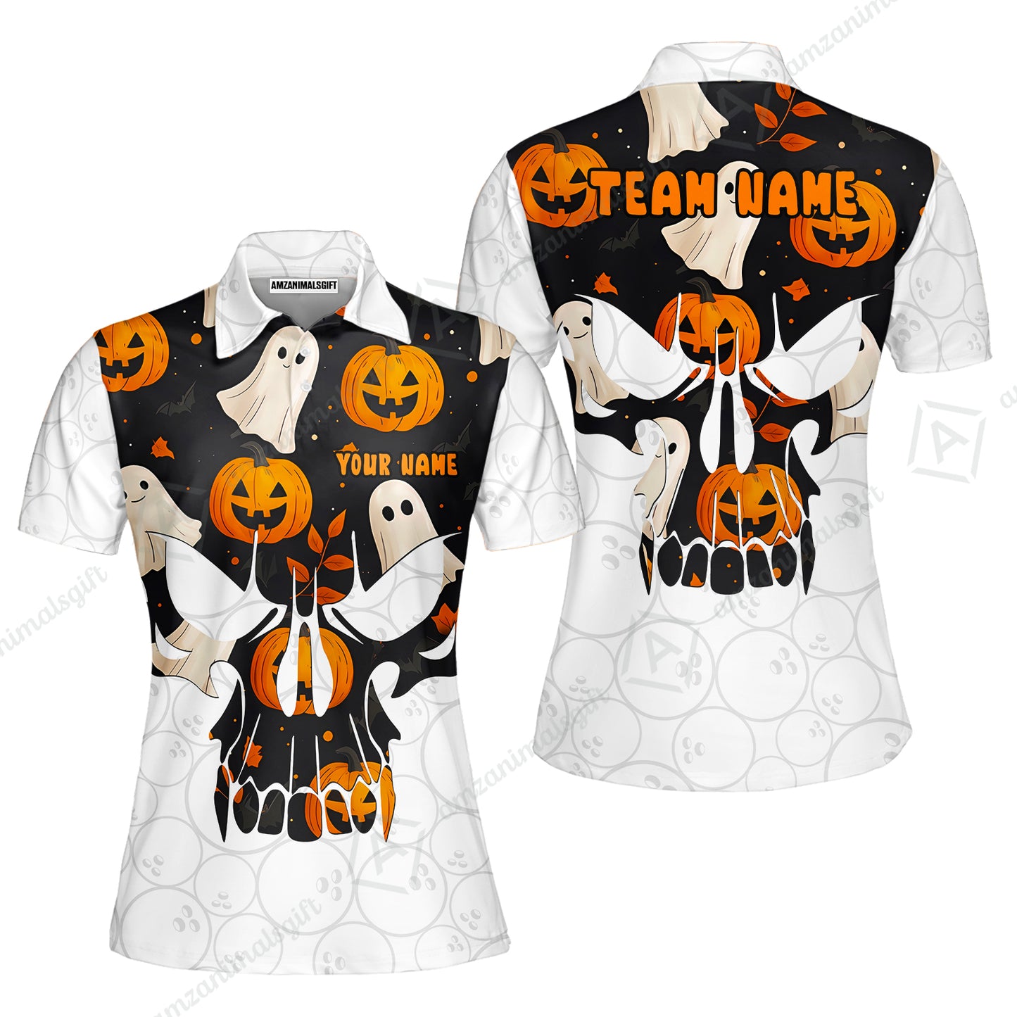 Custom Bowling Jersey Polo Shirt, Halloween Pattern Skull, Custom Bowling Jersey Team Shirt For Players With Name & Team Name