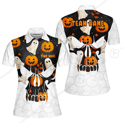 Custom Bowling Jersey Polo Shirt, Halloween Pattern Skull, Custom Bowling Jersey Team Shirt For Players With Name & Team Name