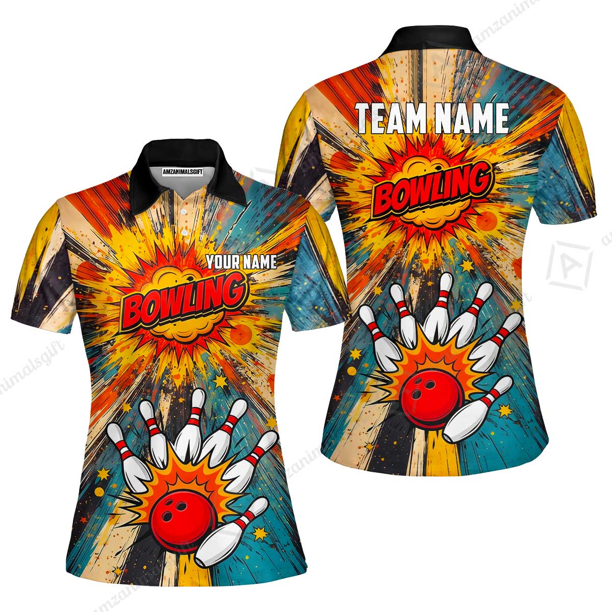 Custom Bowling Jersey Polo Shirt, Retro Comic Book Explosion, Custom Bowling Jersey Team Shirt For Players With Name and Team Name