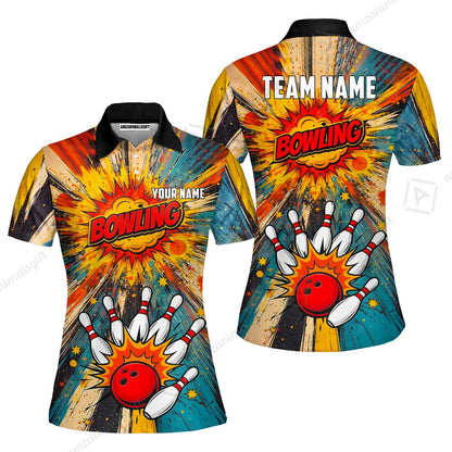 Custom Bowling Jersey Polo Shirt, Retro Comic Book Explosion, Custom Bowling Jersey Team Shirt For Players With Name and Team Name