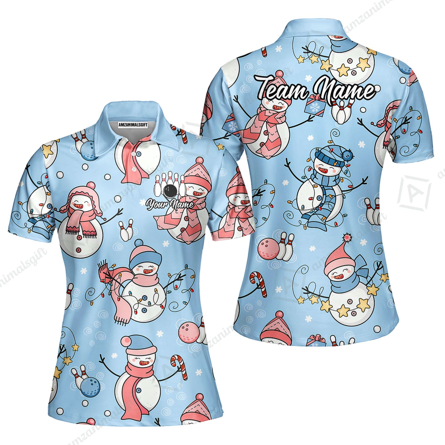 Custom Bowling Jersey Polo Shirt, Snowman Bowling Snowflower, Personalized Name And Team Name