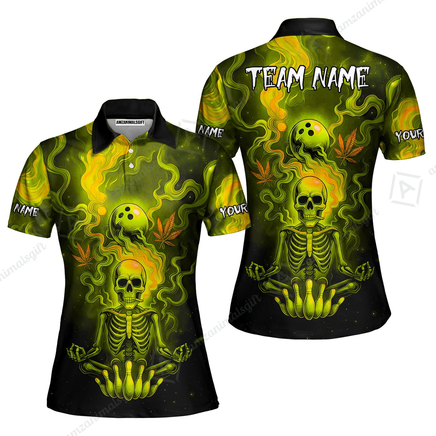 Custom Bowling Team Unisex Polo Shirt, Neon Skull CNB Bowling Custom Shirt Featuring Personalized Name and Team Name